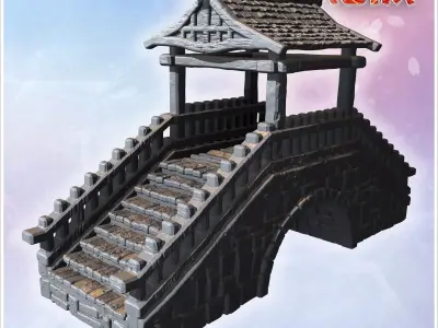 Ornamental stone bridge with steep stairs wooden railings and ti 3D print model