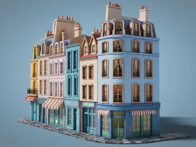 Cartoon city facades Low-poly 3D model