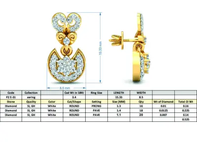 Yellow gold diamond  earring-P2 E-31 3D print model