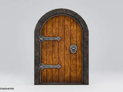 Medieval Wooden Door with Iron Hinges Low-poly 3D model