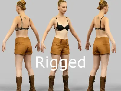 Girl in Brown Shorts and Bra Rigged Low-poly 3D model