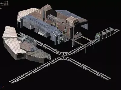 Mining-excavation-site train station with tracks and buildings 3D model