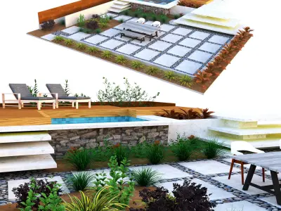 Modern Backyard Pool and Greenery 3d Low-poly 3D model