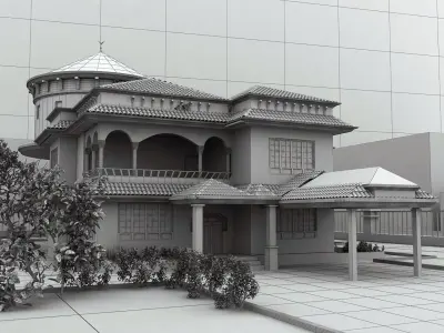 Modern Villa Exterior with purple roof bricks Low-poly 3D model