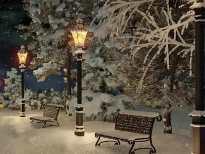 Park set of benches and lampposts 3D model