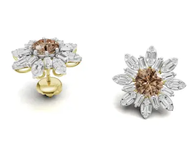 Pointer Diamond Studs With Baguette Cluster Light Wt 3D print model