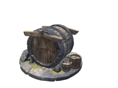 Medieval Stone Cellar Entrance with Wooden Barrel Door 3D model