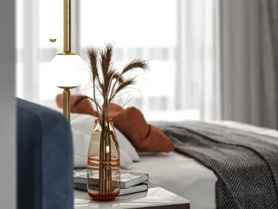 blue and gray velvet bed - bedroom 3d scene 3D model