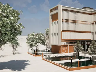 Hotel Building 3D Model with Water pool Low-poly 3D model