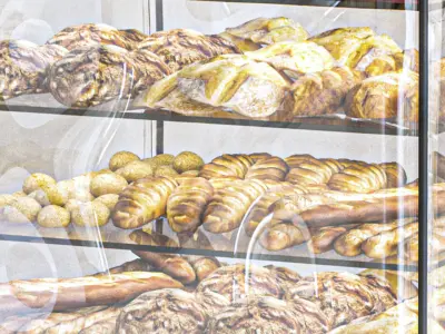 Display case in a bakery with pastries bread and croissants 3D model