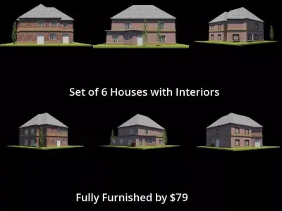 Set 6 Houses Detached with interiors Low-poly 3D model