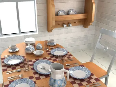 Tableware with Table and Chairs Low-poly 3D model