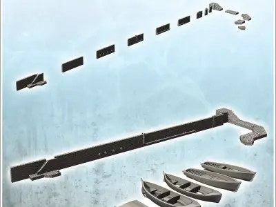 Set of retaining walls of stone banks with set of boats 12 - Wor 3D print model