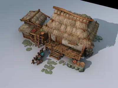Cottages and thatched huts  Grass-roofed earthen houses 3D model