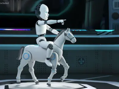  Humanoid Cyborg Child Riding Robotic Horse 