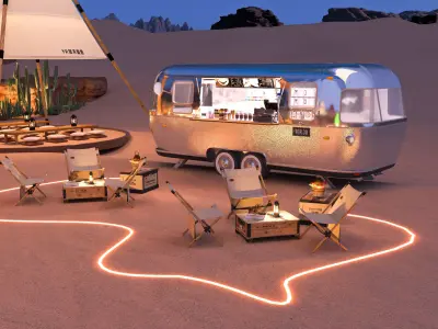 Desert Camping Festival Base with Stage Tents and Camper Trailer 3D model