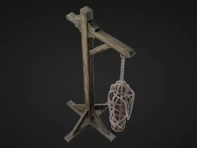 Gibbet wooden pole with basket hanging from it Low-poly 3D model