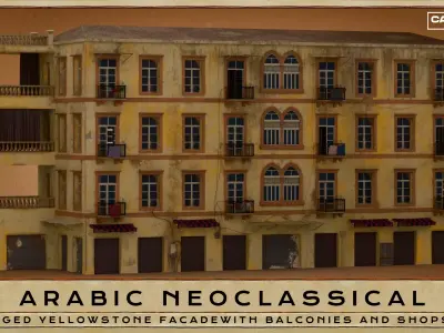 Neoclassical Aged Facade Apartment with Balconies and Shops Low-poly 3D model