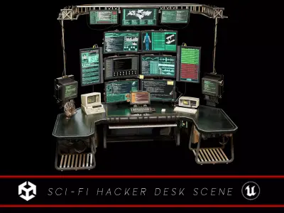 Sci-Fi Hacker Desk Setup Scene  Low-poly 3D model