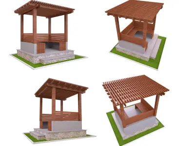 Pergola Collection 1 wooden bench on grassy area Low-poly 3D model