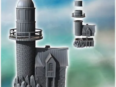 Medieval lighthouse on rock with annex building and large dome 1 3D print model