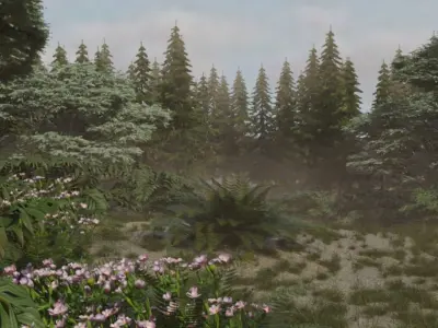 Lush green forest with waterfall and fog Low-poly 3D model