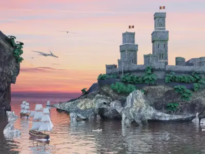 Dinosaur Castle Island Medieval Environment Game Ready 3D model