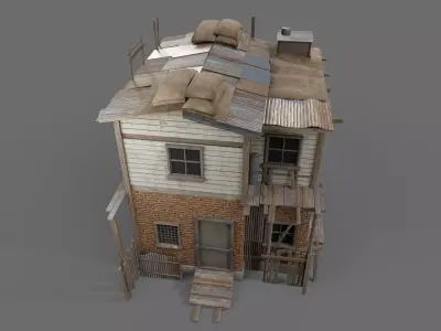 Post-apocalyptic two-story house Low-poly 3D model