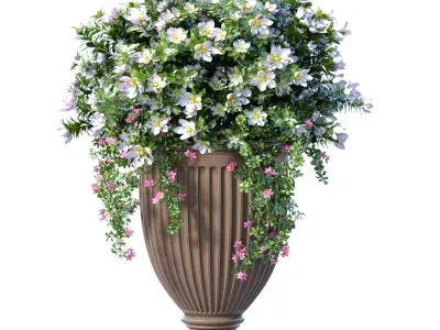 Bouquet of white and yellow Petunia flowers in pots urns vases 3D model