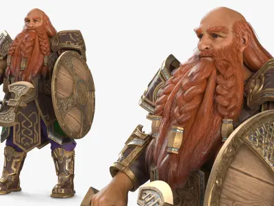  Dwarf Warrior with Axe and Shield Rigged 