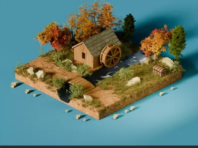 Autumn Watermill Diorama 3D model