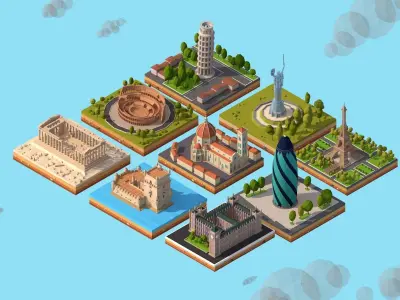 Cartoon Low Poly Europe Landmarks Pack Low-poly 3D model