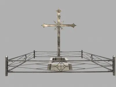 Fenced Grave With Massive Metal Cross Low-poly 3D model