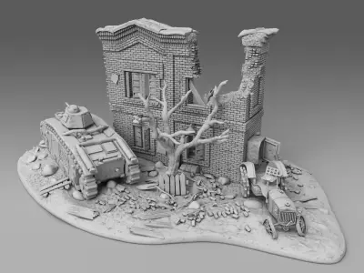 A tank near a destroyed building 3D print model
