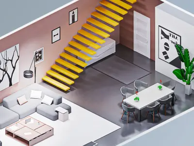Room 3 living with stairs Low-poly 3D model