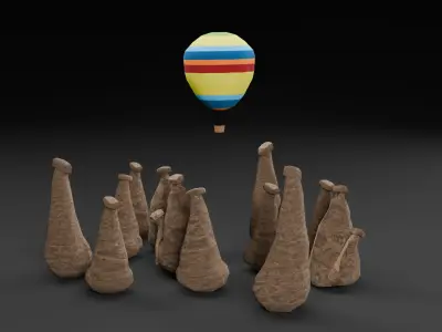 Low Poly Fairy Chimneys and Balloon Peri Bacasi - Turkey Low-poly 3D model