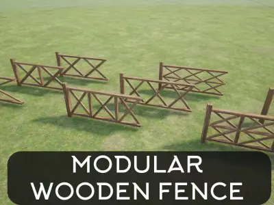 Modular Wooden Fence Low-poly 3D model