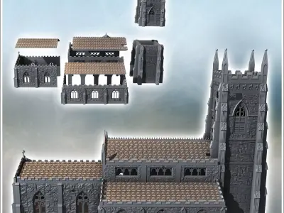 Christian church with square front Gothic tower and side annexes 3D print model