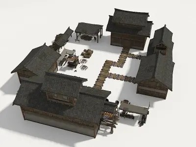 Farmyard Wooden structure house courtyard Low-poly 3D model