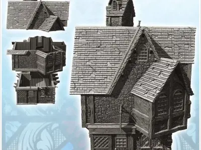 Large medieval manor with suspended room zigzagging roof and chi 3D print model