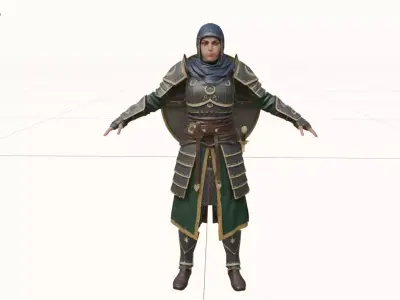 Legendary Armored Warrior Woman High-Poly 3D Character in T-Pose Low-poly 3D model