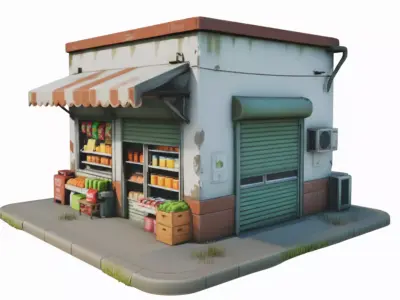Small Street Grocery Shop  Corner Store  Realistic PBR Exterior  3D model