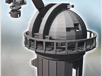 Damaged modern observatory with large telescope and circular bal 3D print model