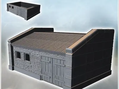 Single-story stone building with corrugated roof and small windo 3D print model