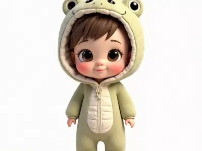 Adorable Cartoon Girl in Green Crocodile Costume 3D Model Low-poly 3D model