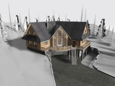 Log House with garage Winter scene 3D model