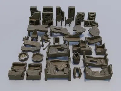 40 different Ruined Furniture Tabletop Scatter Terrain 28 mm 3D print model