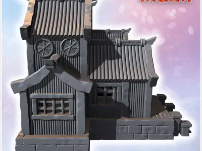 Group of traditional Japanese buildings with wooden walls tiered 3D print model