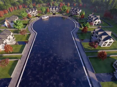 3D Neighborhood Model 4 village with houses and pond 3D model