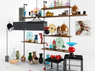 Decorative set of accessories also furniture and floor lamp Low-poly 3D model